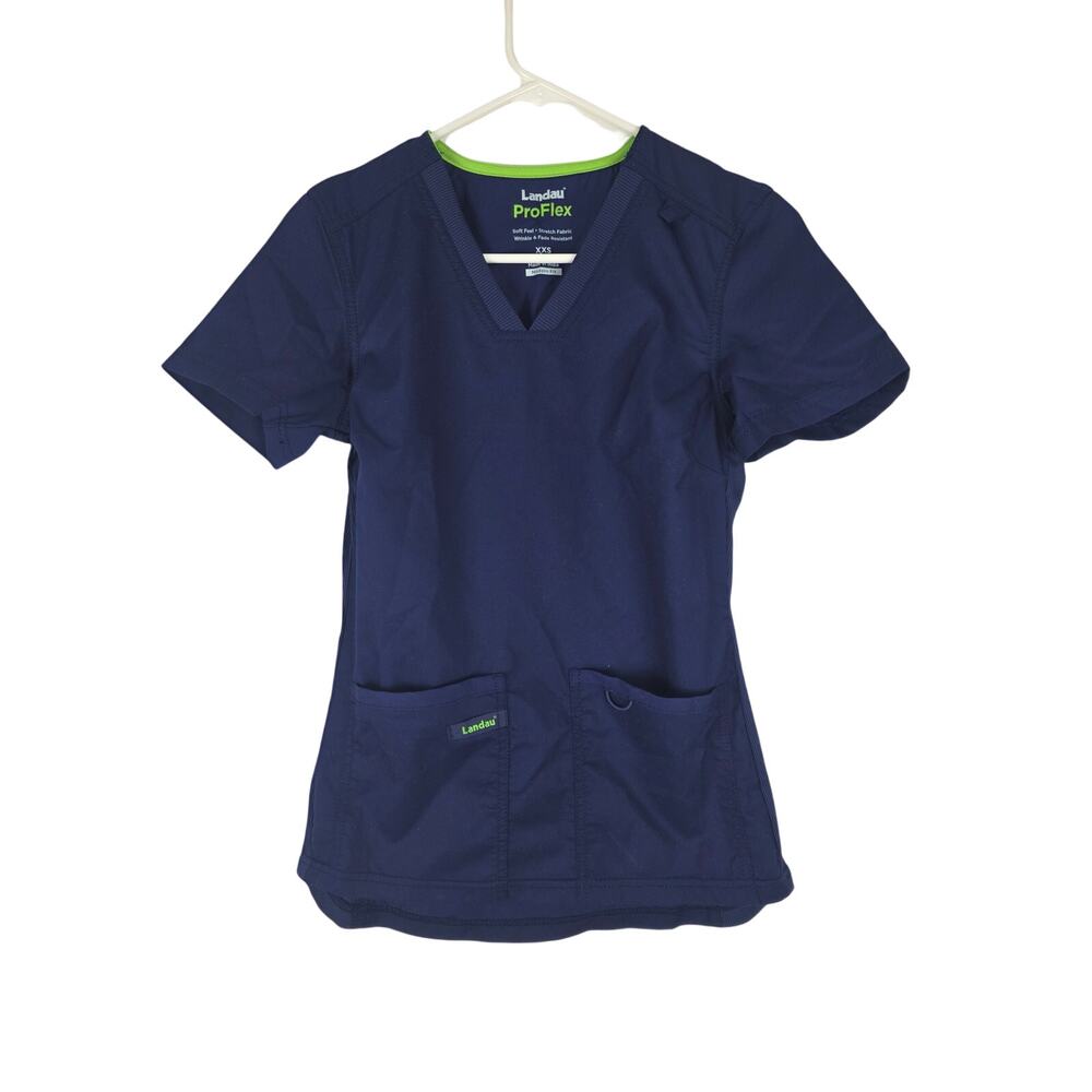 Landau Pro Flex Scrub‎ Top XXS Womens Blue Modern Fit Wrinkle Resistant Medical